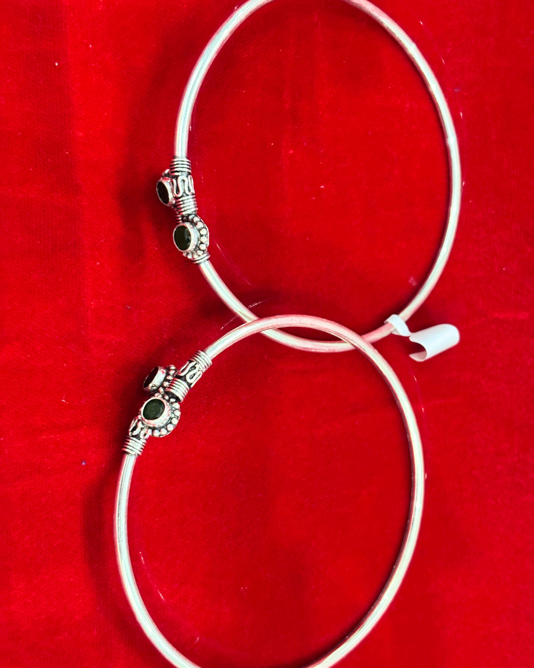 92.5 Pure Silver kada Anklets with 2 green coloured cut stones