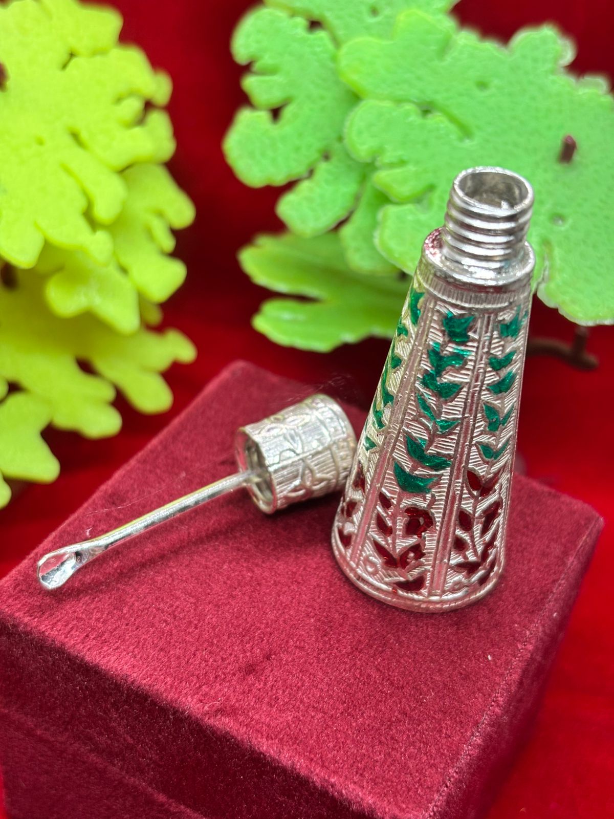 Silver Kumkum / Sindoor Dibbi with Stick - Assorted colour & designs