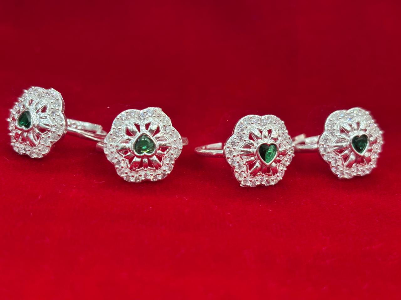 Real Silver Green & White stones Hexagonal Bichiya/ Toe rings (set of 4 pieces)