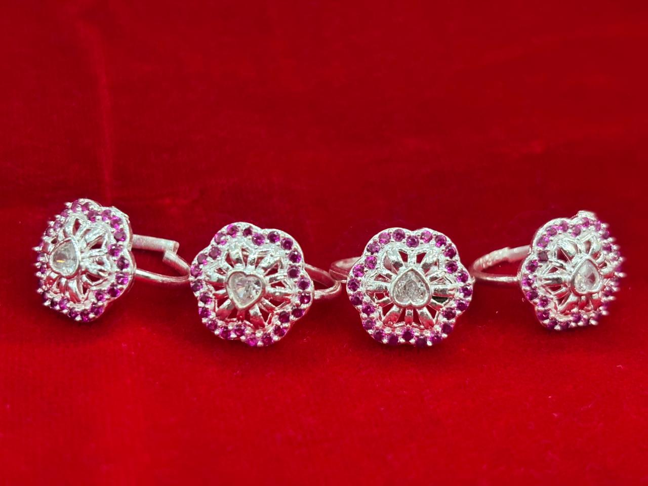 Real Silver Pink & White stones Hexagonal Bichiya/ Toe rings (set of 4 pieces)