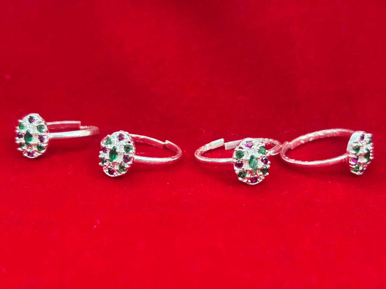 Real Silver Pink & Green oval Bichiya/ Toe rings (set of 4 pieces)