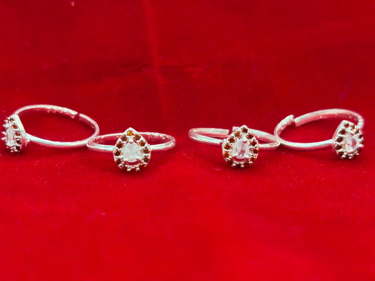 Real Silver Small Orange & White stones Drop Bichiya/ Toe rings (set of 4 pieces)