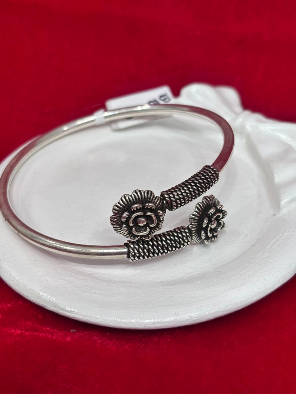 92.5 Pure Silver Adjustable Solid Double Rose Oxidised kada Bracelet