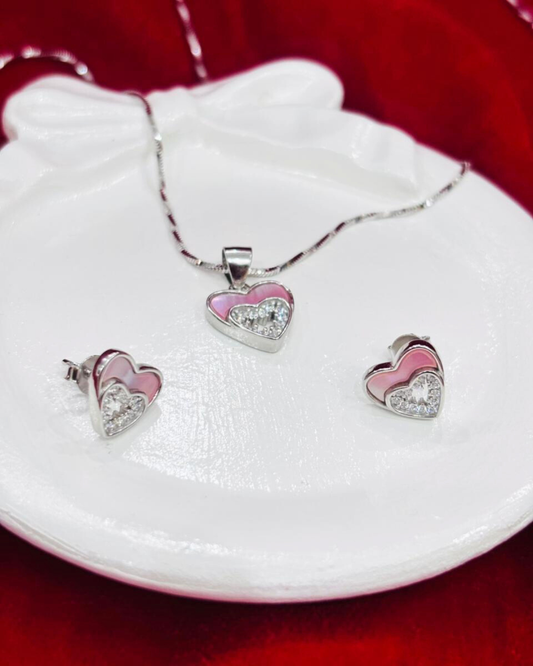 92.5 Pure Silver MoP Heart Pendent set with Earrings (chain not included)