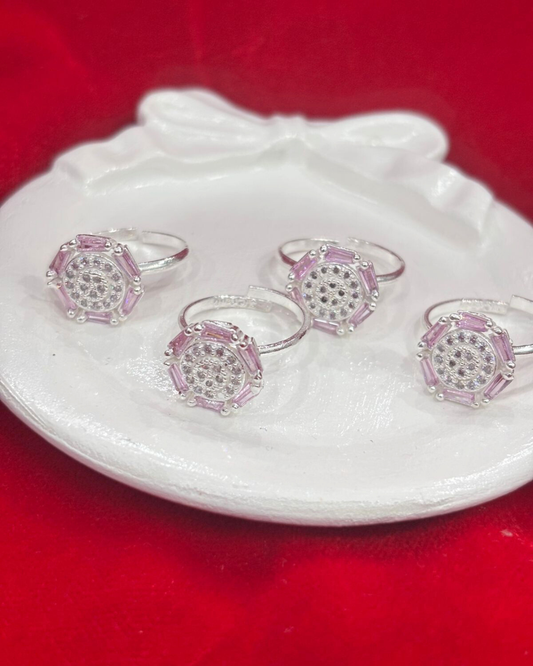 Real Silver Pink & white stone Hexagonal Bichiya/ Toe rings (set of 4 pieces)