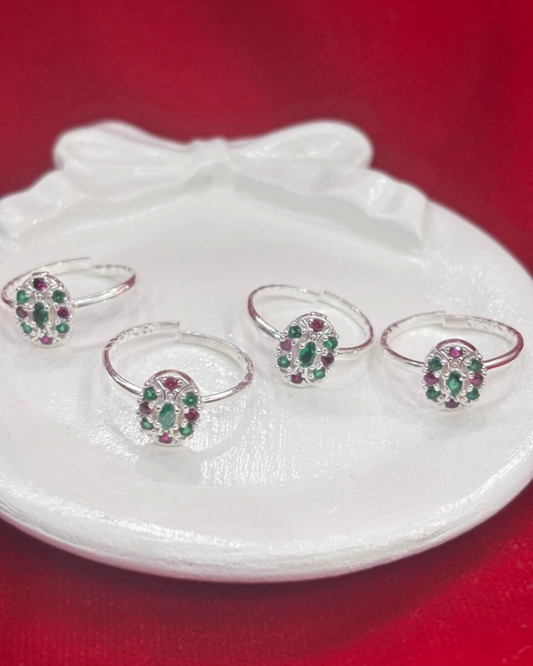 Real Silver Pink & Green oval Bichiya/ Toe rings (set of 4 pieces)