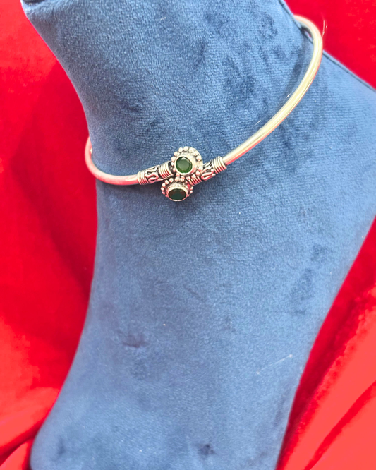 92.5 Pure Silver kada Anklets with 2 green coloured cut stones