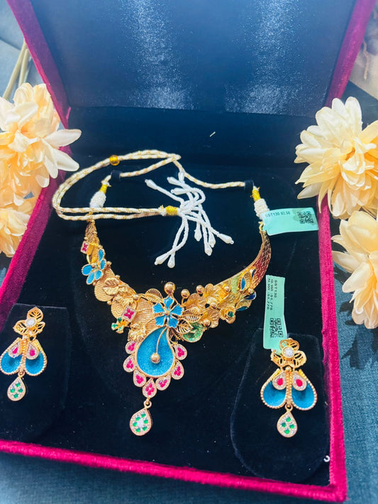 92.5 Silver Gold plated Noor-E-Bahar Necklace with Earrings (GS-05)