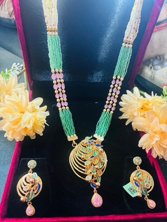 92.5 Silver Gold plated Peacock feather Ranihar Long Necklace with Earrings (GS-07)