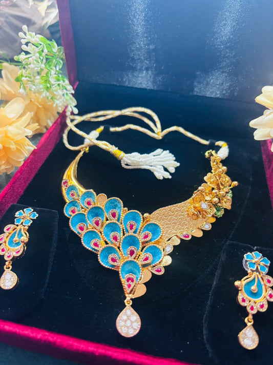 92.5 Silver Gold plated Peacock feather half n half look Necklace with Earrings (GS-04)