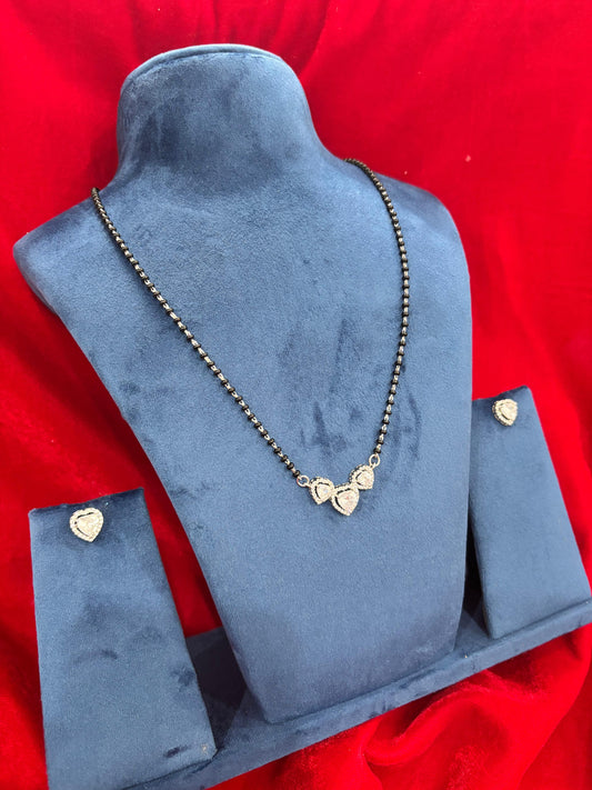 92.5 Real Silver Triple Heart Solitaire Mangalsutra with Earrings