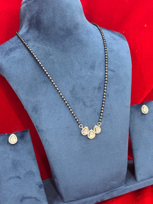 92.5 Real Silver Triple Drop Diamond Solitaire Mangalsutra with Earrings