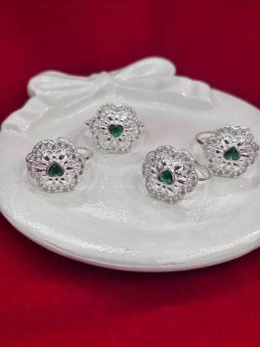 Real Silver Green & White stones Hexagonal Bichiya/ Toe rings (set of 4 pieces)