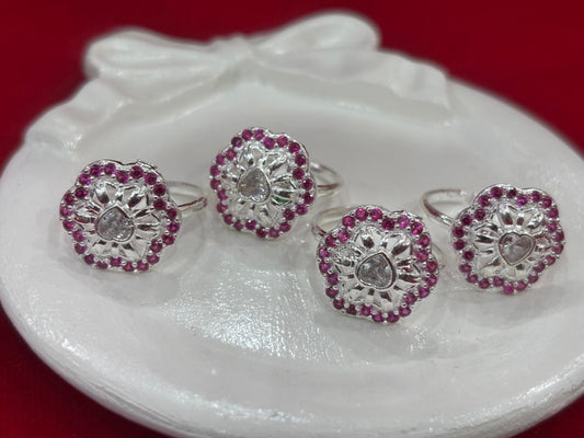 Real Silver Pink & White stones Hexagonal Bichiya/ Toe rings (set of 4 pieces)