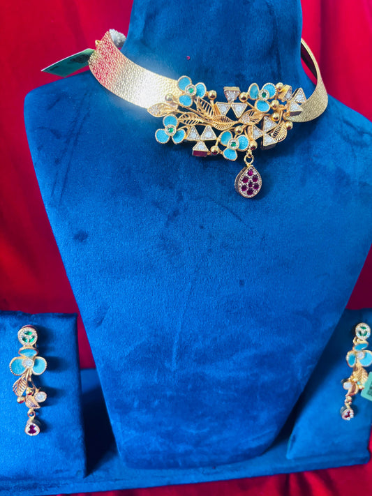 92.5 Silver Gold plated Hasli Necklace with Earrings (GS-03)