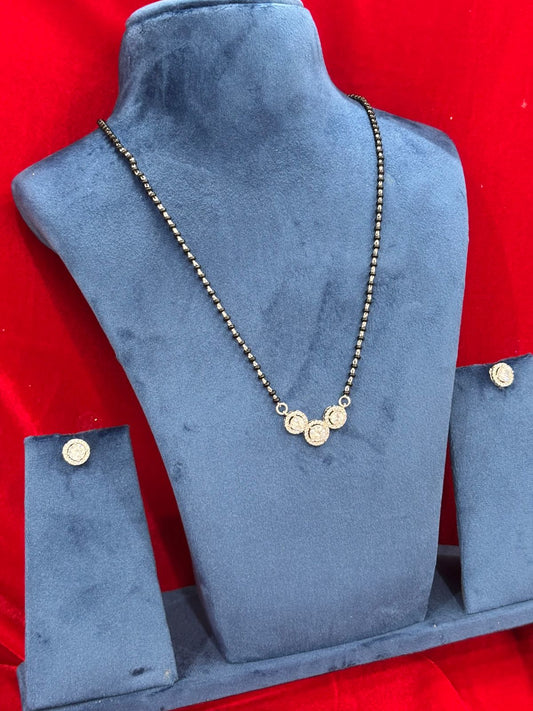 92.5 Real Silver Triple Solitaire Mangalsutra with Earrings